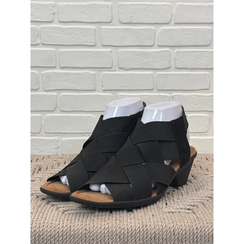 Comfortiva Woven Elastic Wedge Sandals Black Size 8.5